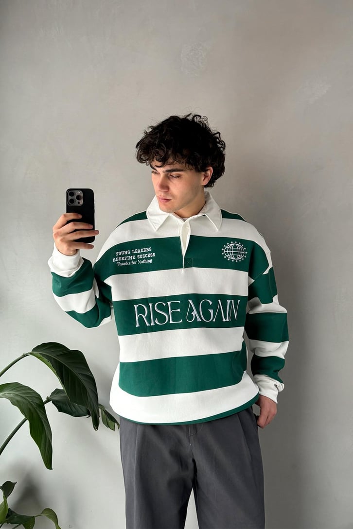 Rise Again Nakışlı Çizgili Polo Yaka Sweatshirt