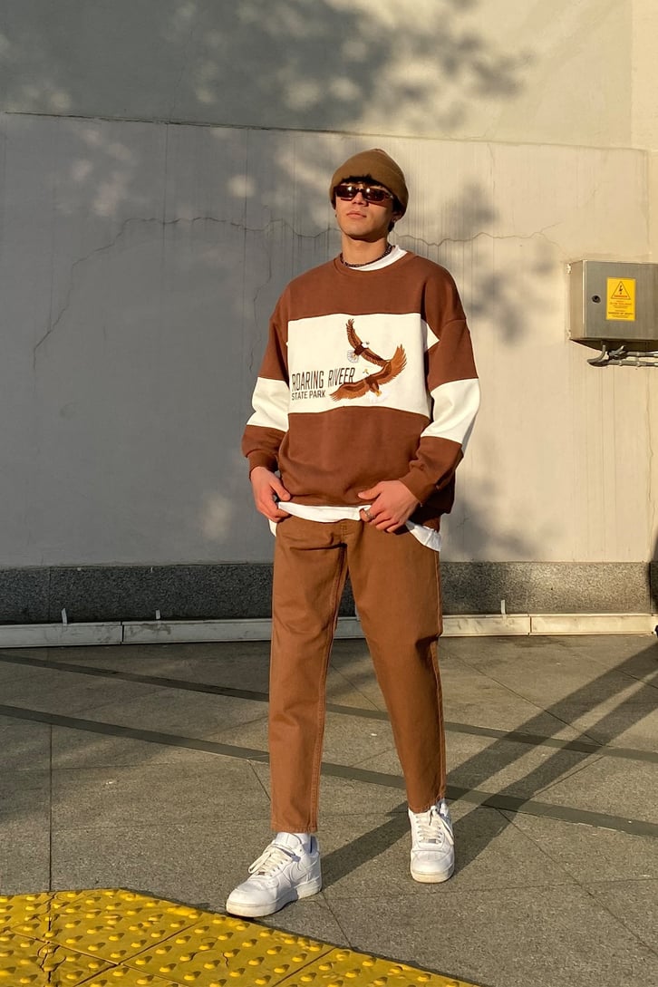 Roaring River Color Block Oversize Brown Sweatshirt
