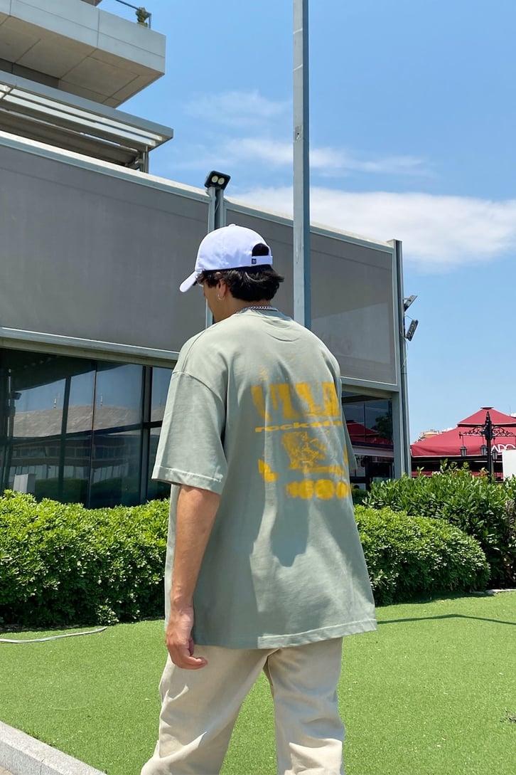 Rockstar Baskılı Yeşil Oversize Tshirt
