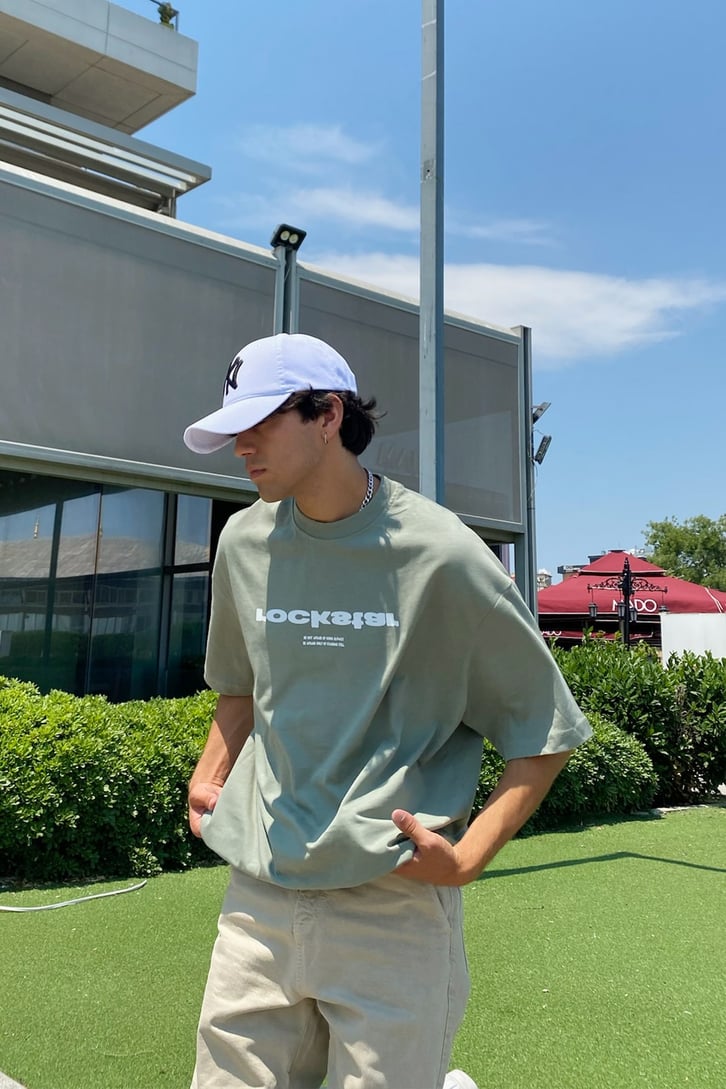 Rockstar Baskılı Yeşil Oversize Tshirt