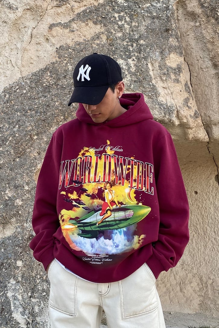 ROKET BASKILI OVERSIZE HOODIE