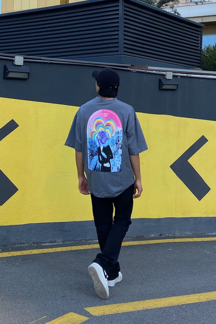 Rose Head Baskılı Antrasit Oversize Tshirt