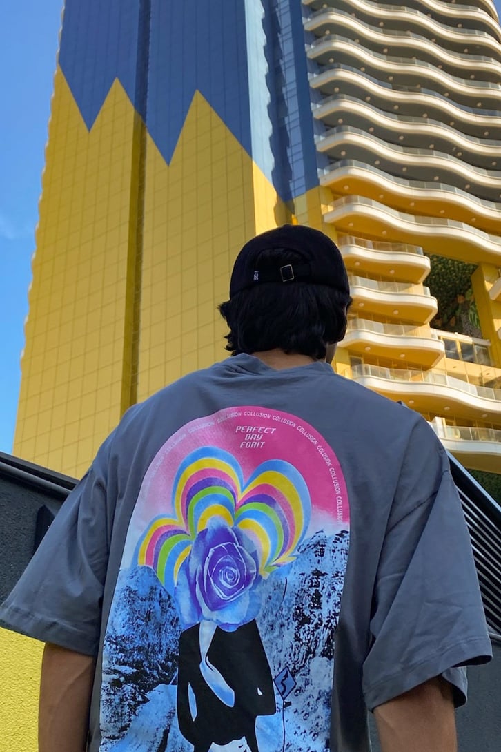 Rose Head Baskılı Antrasit Oversize Tshirt