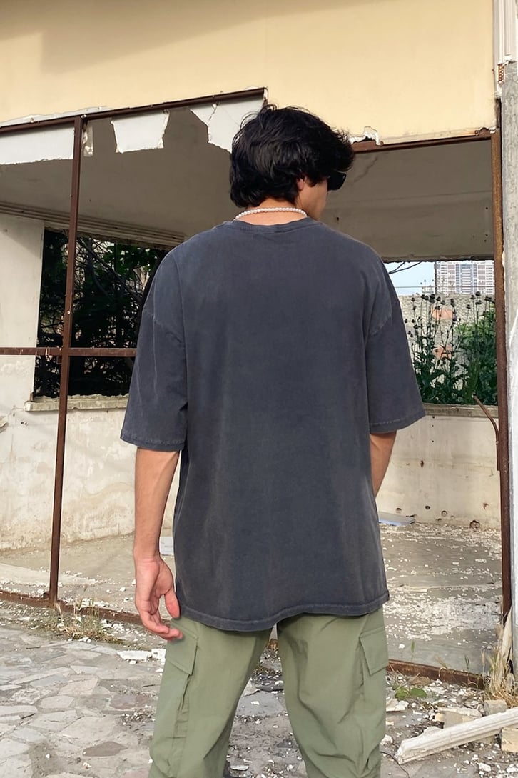 Rose Nakışlı Füme Oversize Tshirt