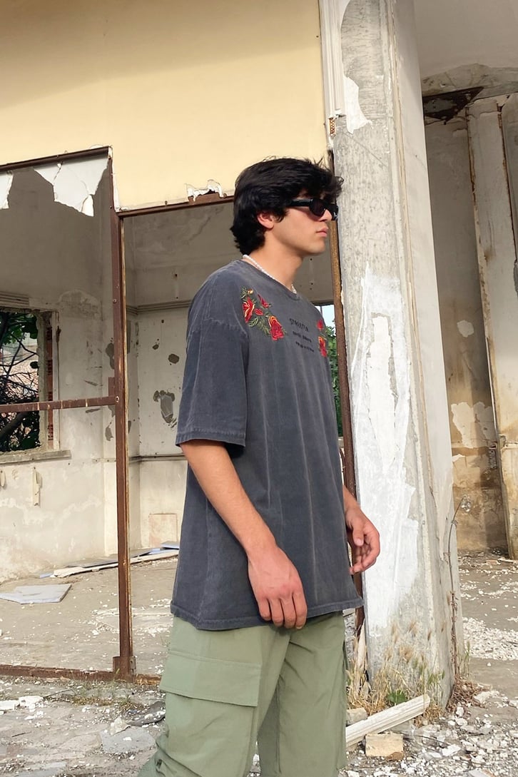 Rose Nakışlı Füme Oversize Tshirt