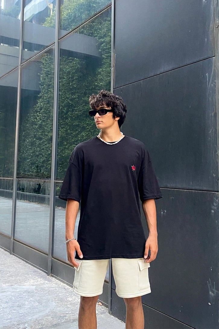 Rose Nakışlı Oversize Tshirt