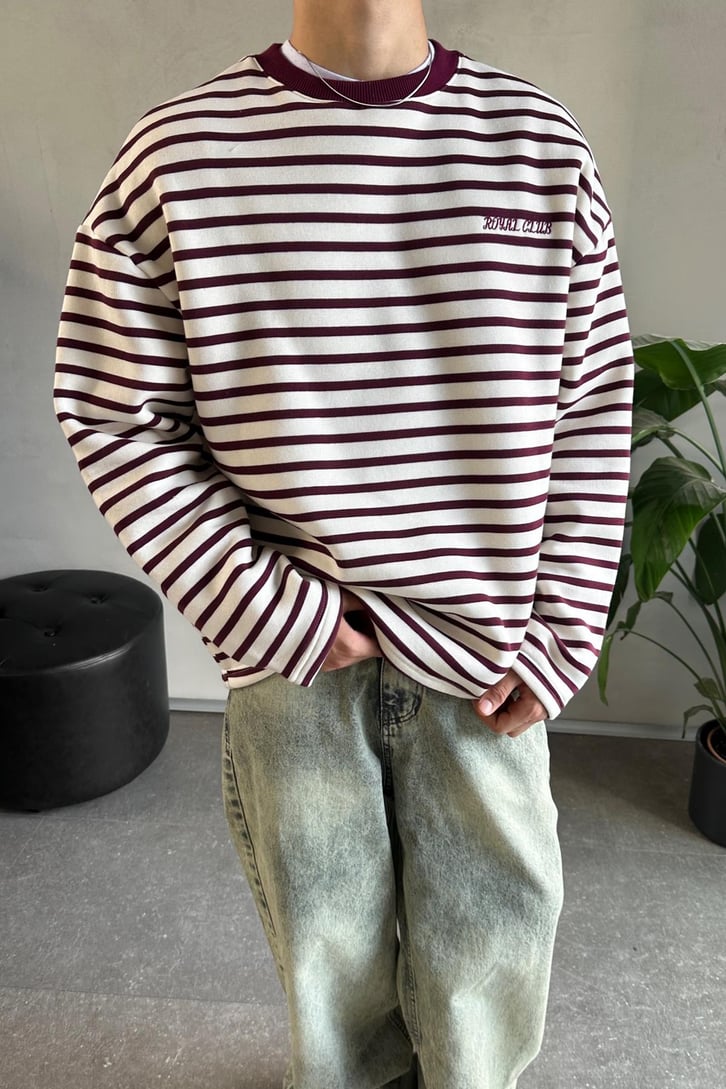 Royal Clup Nakışlı Çizgili Sweatshirt