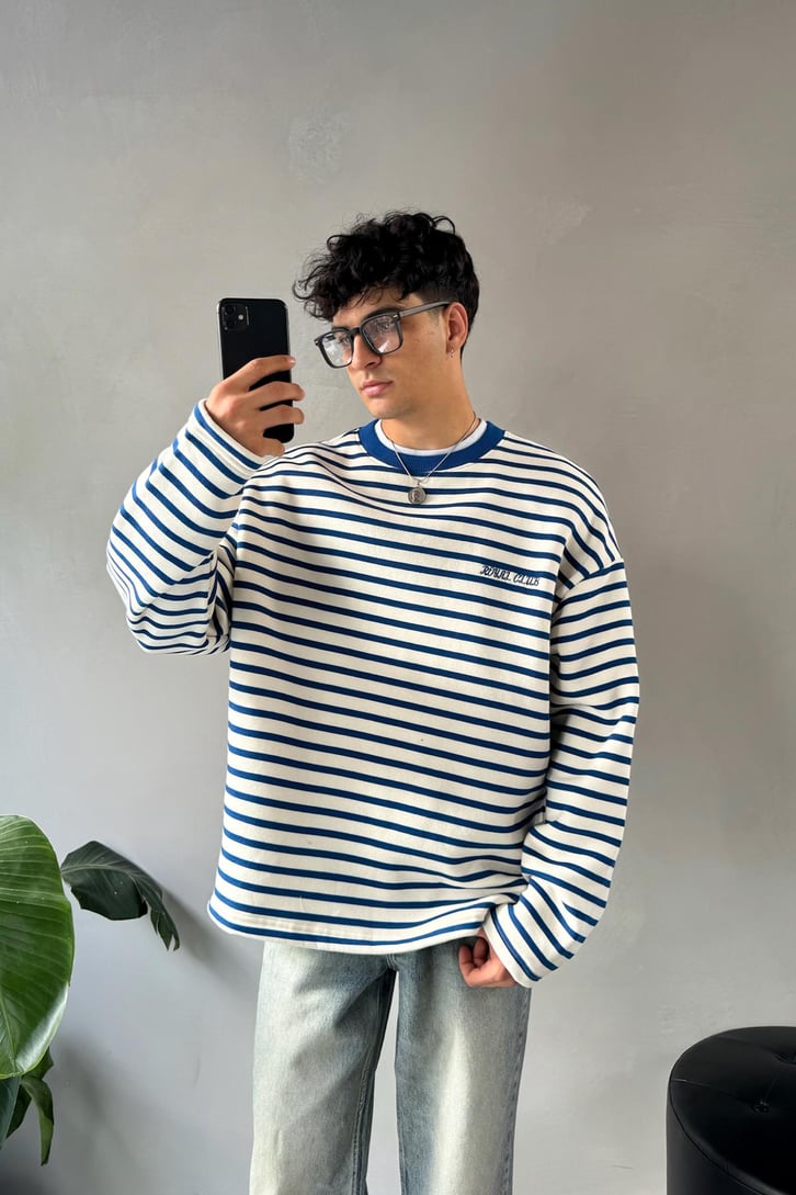 Royal Clup Nakışlı Çizgili Sweatshirt