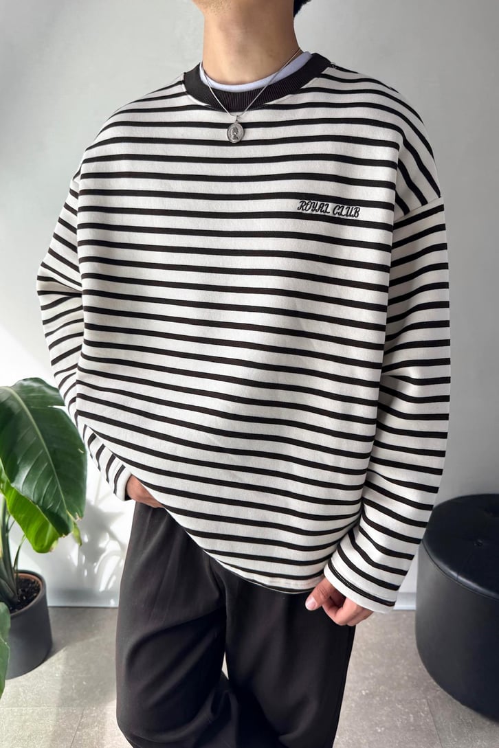 Royal Clup Nakışlı Çizgili Sweatshirt
