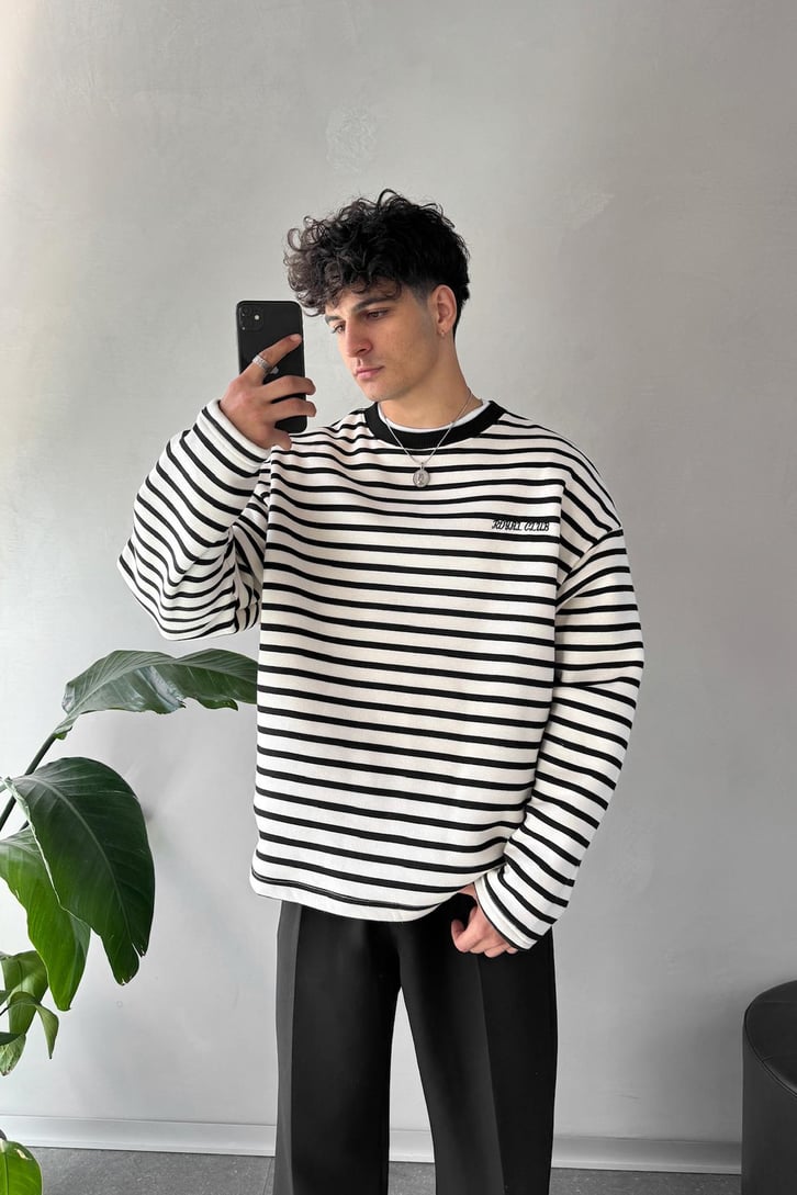 Royal Clup Nakışlı Çizgili Sweatshirt