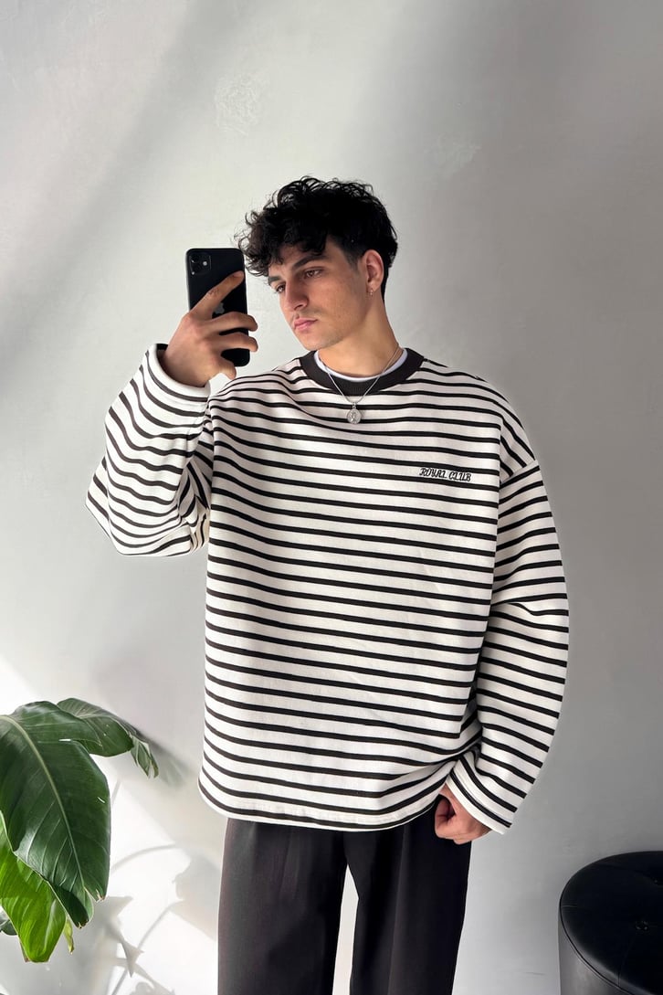 Royal Clup Nakışlı Çizgili Sweatshirt