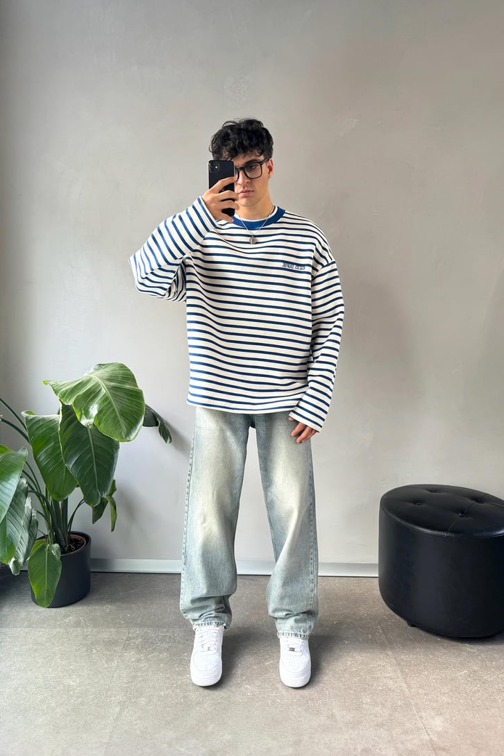 Royal Clup Nakışlı Çizgili Sweatshirt