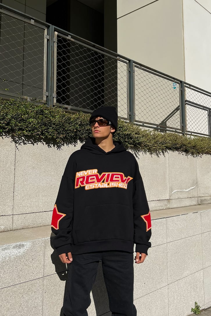 Rv Never Star Nakışlı Siyah Oversize Sweatshirt