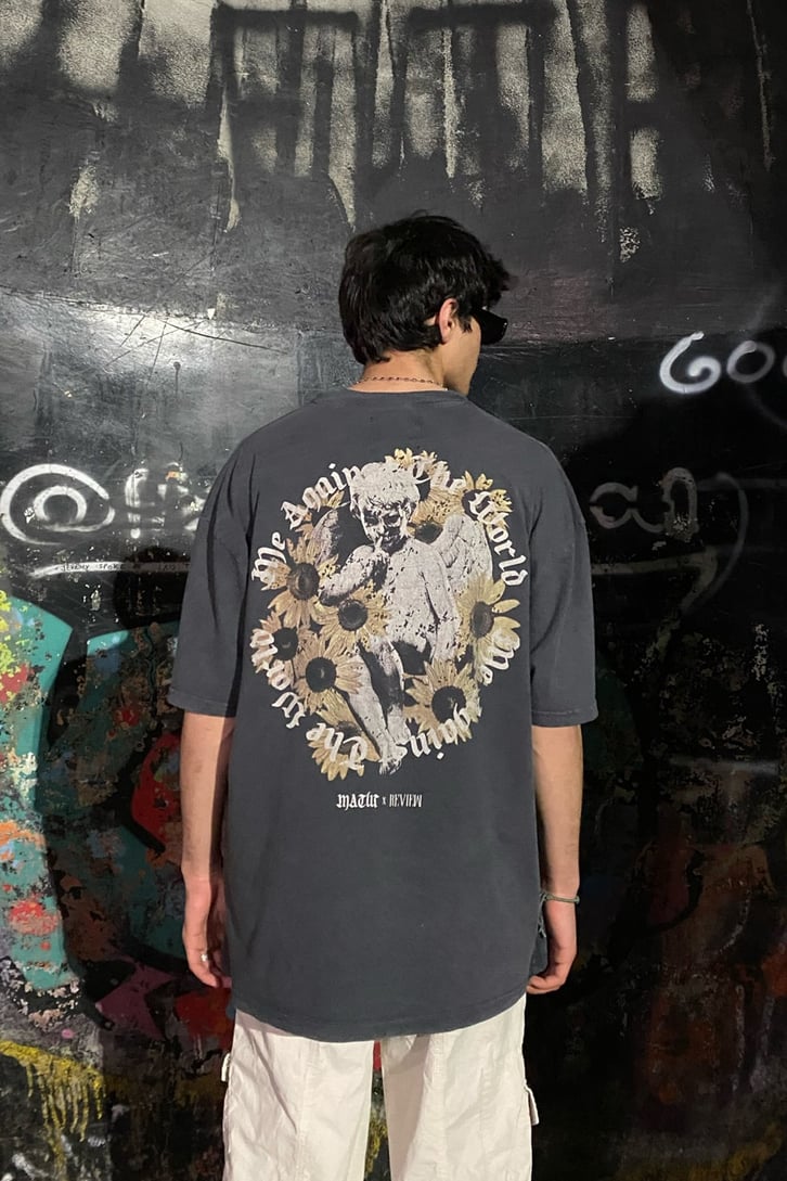 Rv Only Silent Angel Baskılı Antrasit Oversize Tshirt