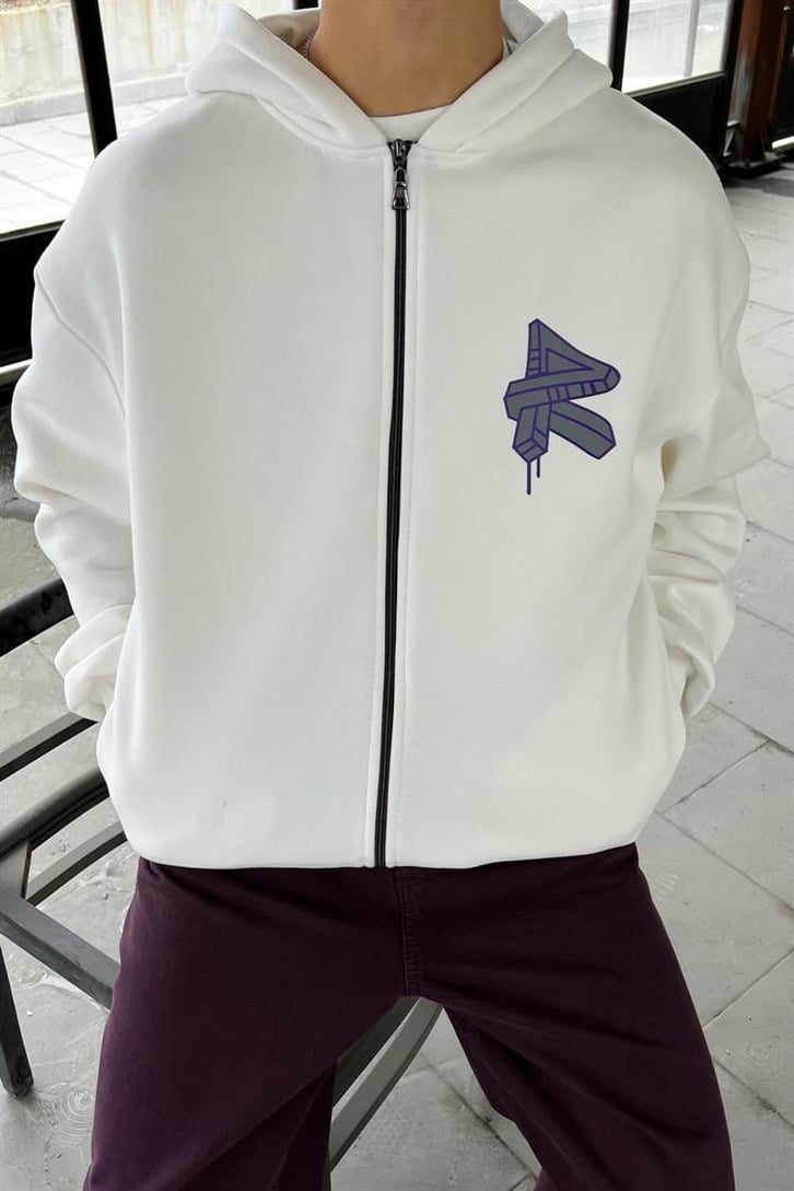Rv Sırt Baskılı Beyaz Zipper Hoodie