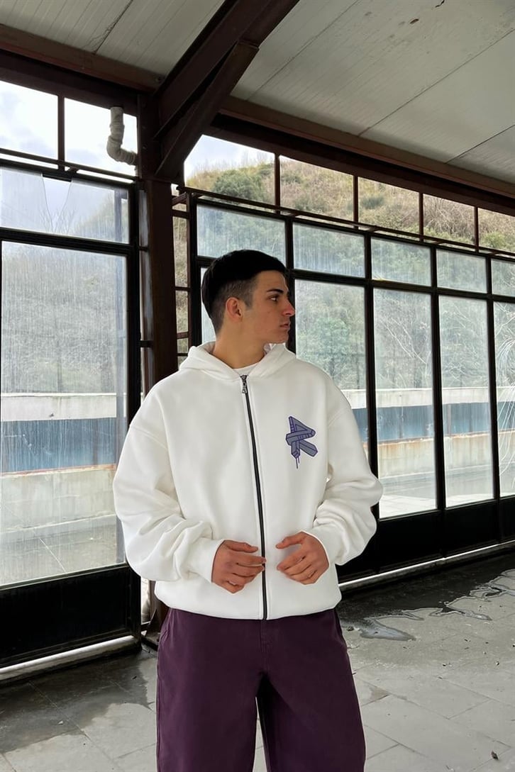 Rv Sırt Baskılı Beyaz Zipper Hoodie