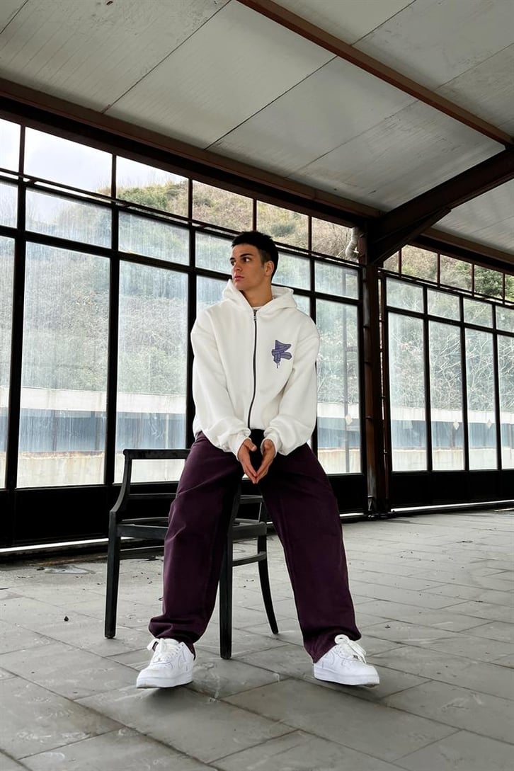 Rv Sırt Baskılı Beyaz Zipper Hoodie