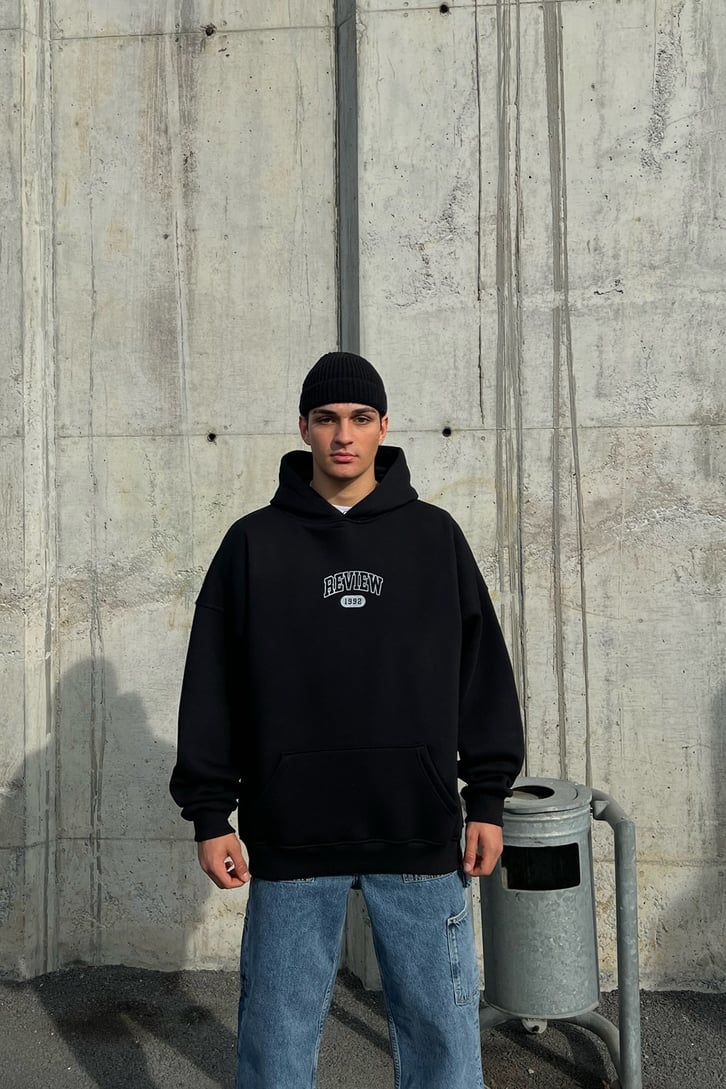 Rv Skeleton Baskılı Siyah Oversize Hoodie