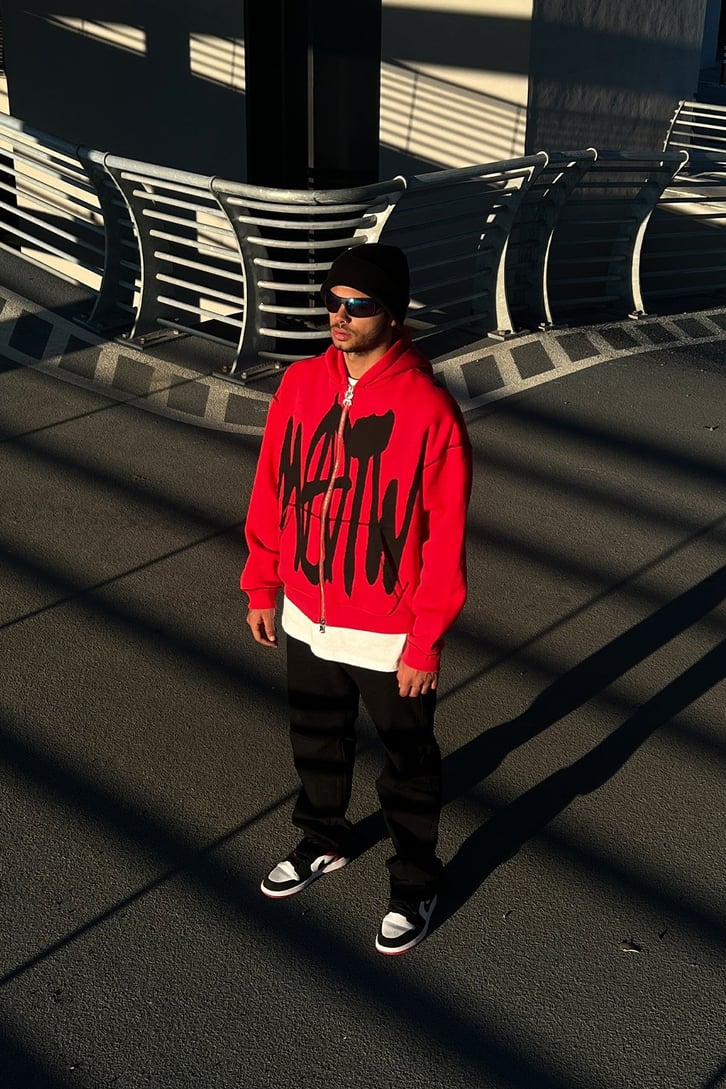 Rv Spider Sırt Baskılı Zip Kırmızı  Oversize Sweatshirt