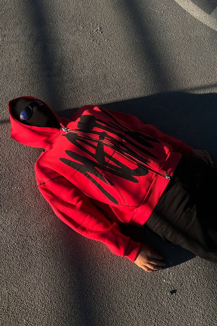 Rv Spider Sırt Baskılı Zip Kırmızı  Oversize Sweatshirt