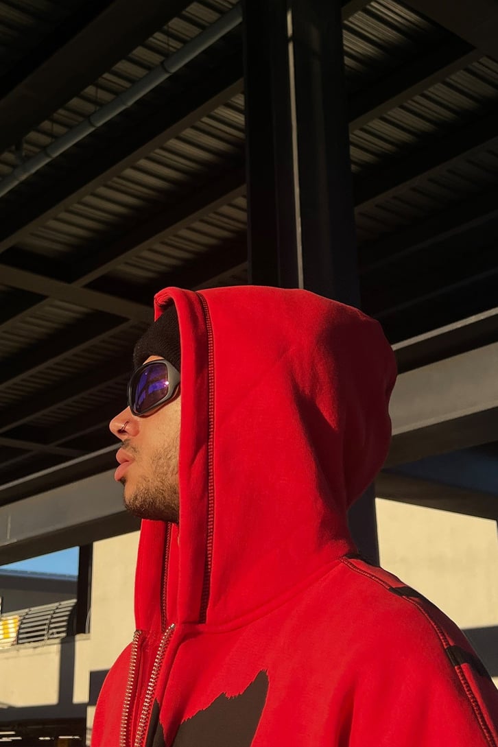 Rv Spider Sırt Baskılı Zip Kırmızı  Oversize Sweatshirt