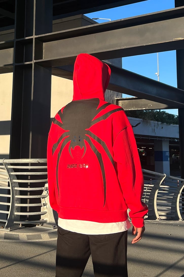 Rv Spider Sırt Baskılı Zip Kırmızı  Oversize Sweatshirt