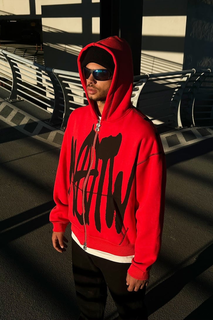 Rv Spider Sırt Baskılı Zip Kırmızı  Oversize Sweatshirt