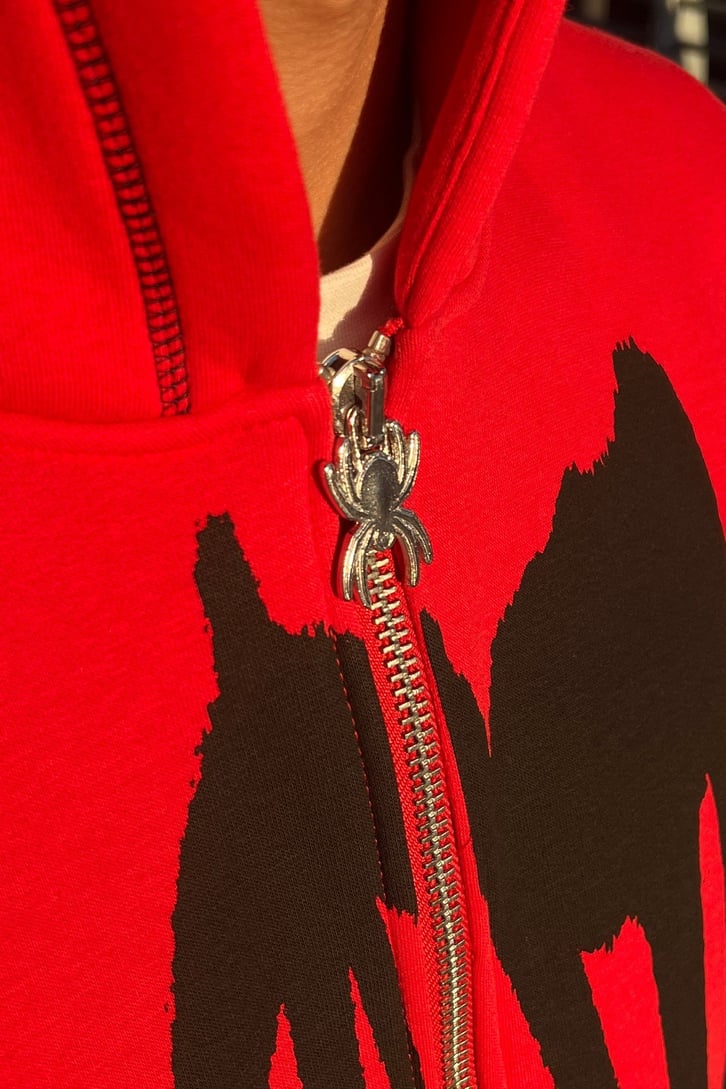 Rv Spider Sırt Baskılı Zip Kırmızı  Oversize Sweatshirt