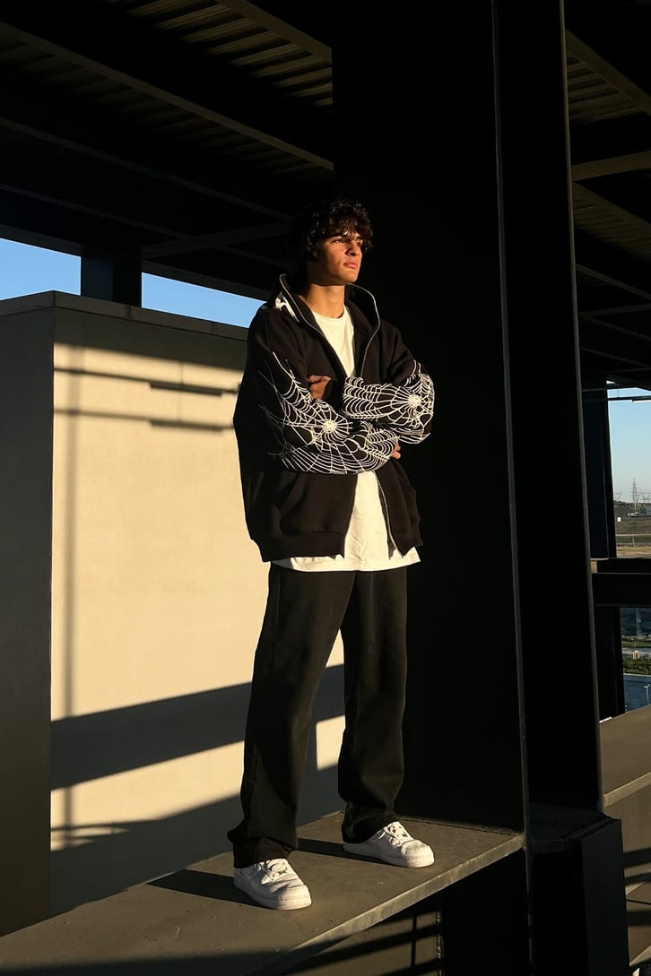 Rv Spider Web Full Zip Siyah Oversize Sweatshirt