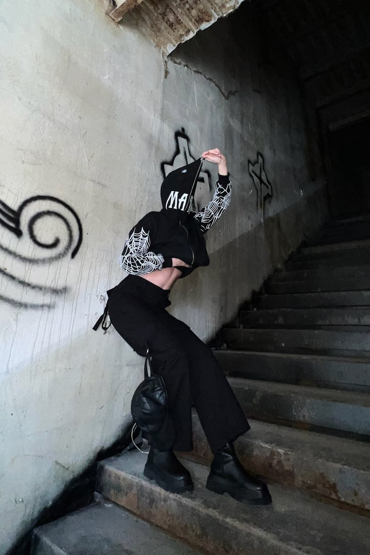 Rv Spider Web Full Zip Siyah Oversize Hoodie
