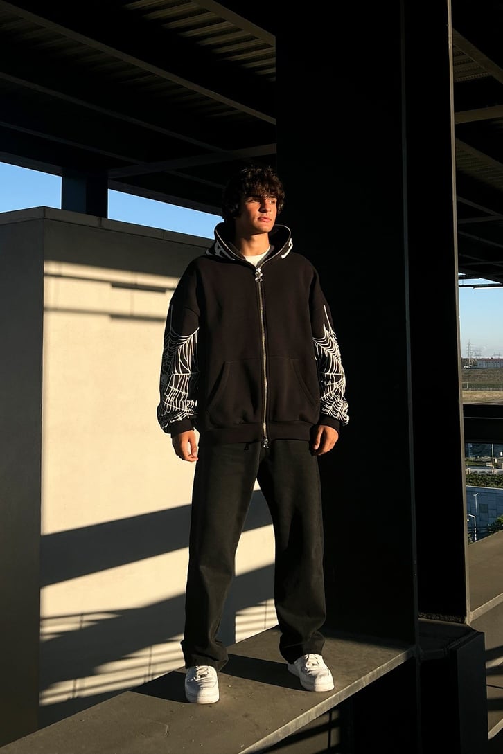 Rv Spider Web Full Zip Siyah Oversize Sweatshirt