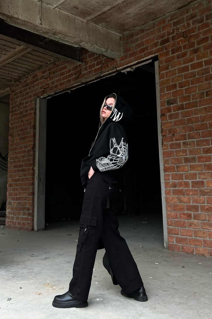 Rv Spider Web Full Zip Siyah Oversize Hoodie