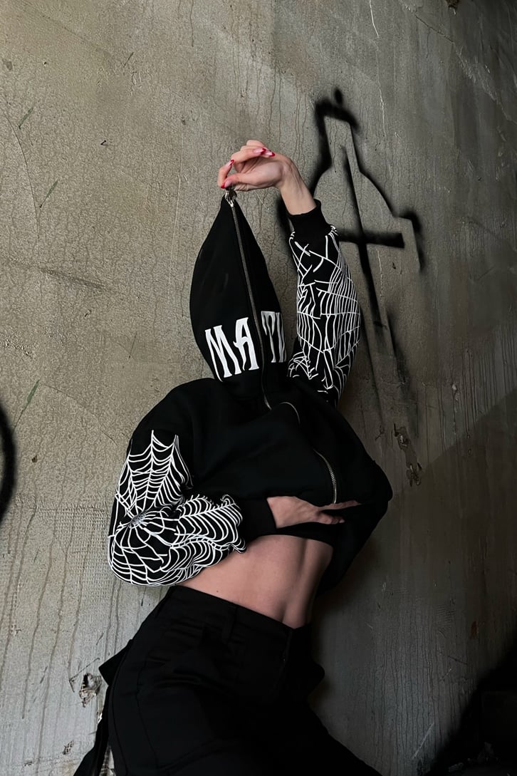 Rv Spider Web Full Zip Siyah Oversize Hoodie