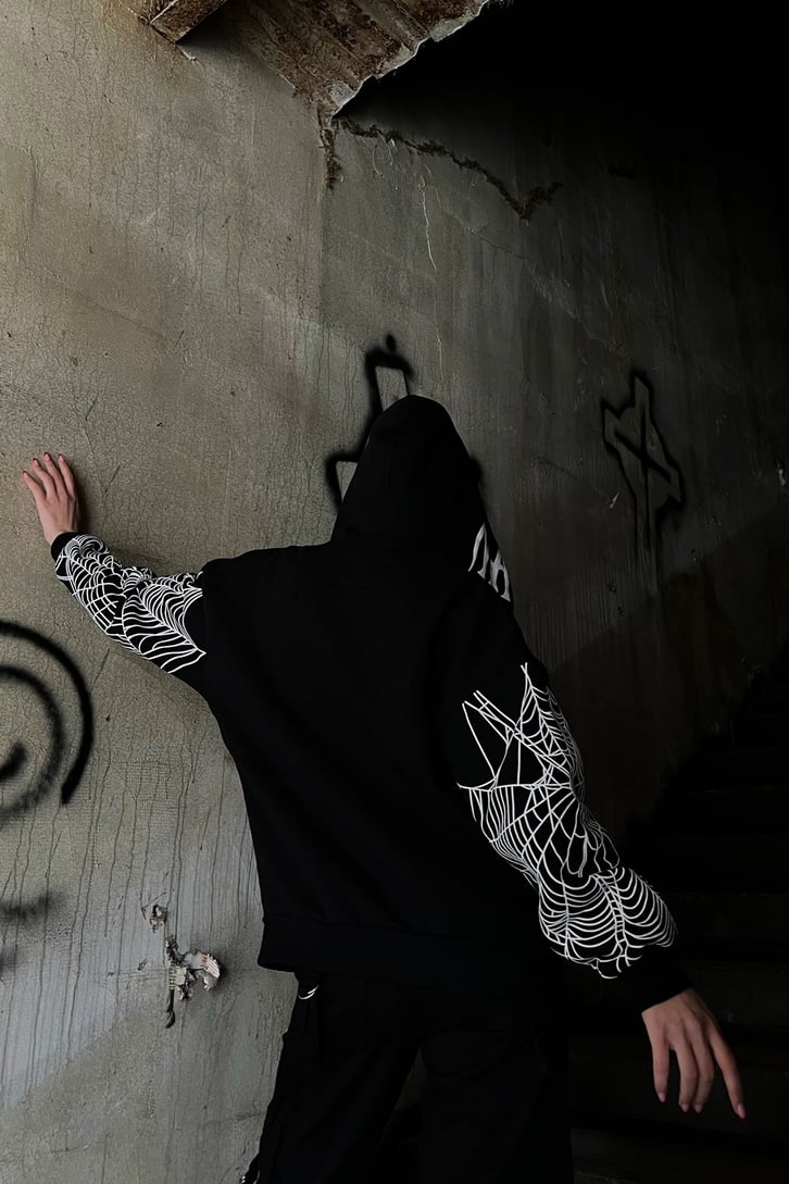 Rv Spider Web Full Zip Siyah Oversize Hoodie
