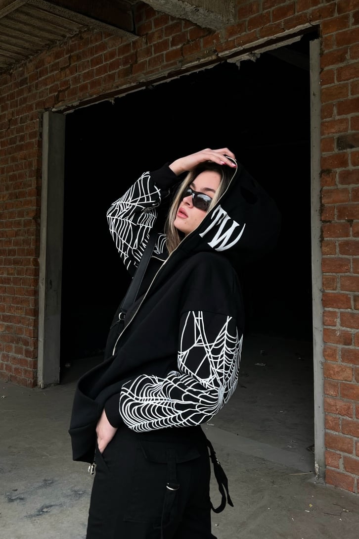 Rv Spider Web Full Zip Siyah Oversize Hoodie