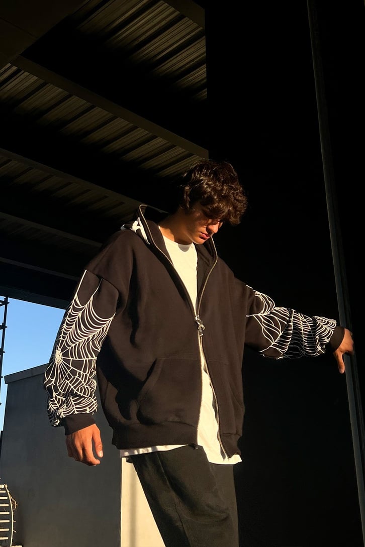 Rv Spider Web Full Zip Siyah Oversize Sweatshirt