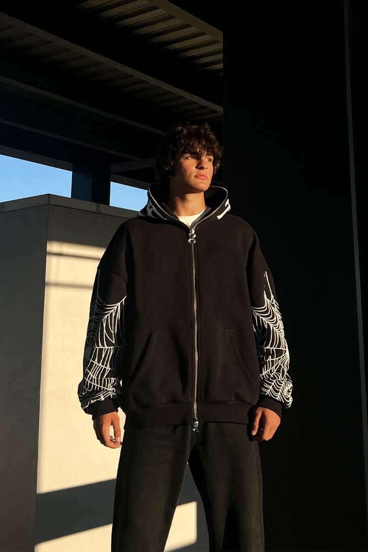 Rv Spider Web Full Zip Siyah Oversize Sweatshirt