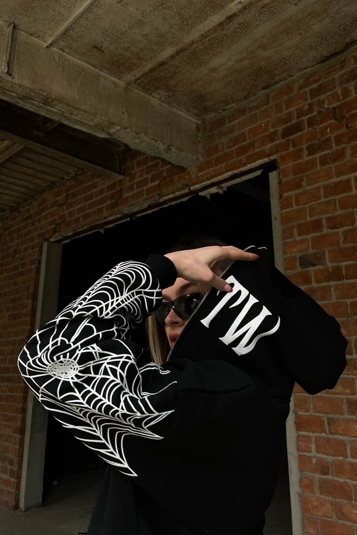 Rv Spider Web Full Zip Siyah Oversize Hoodie