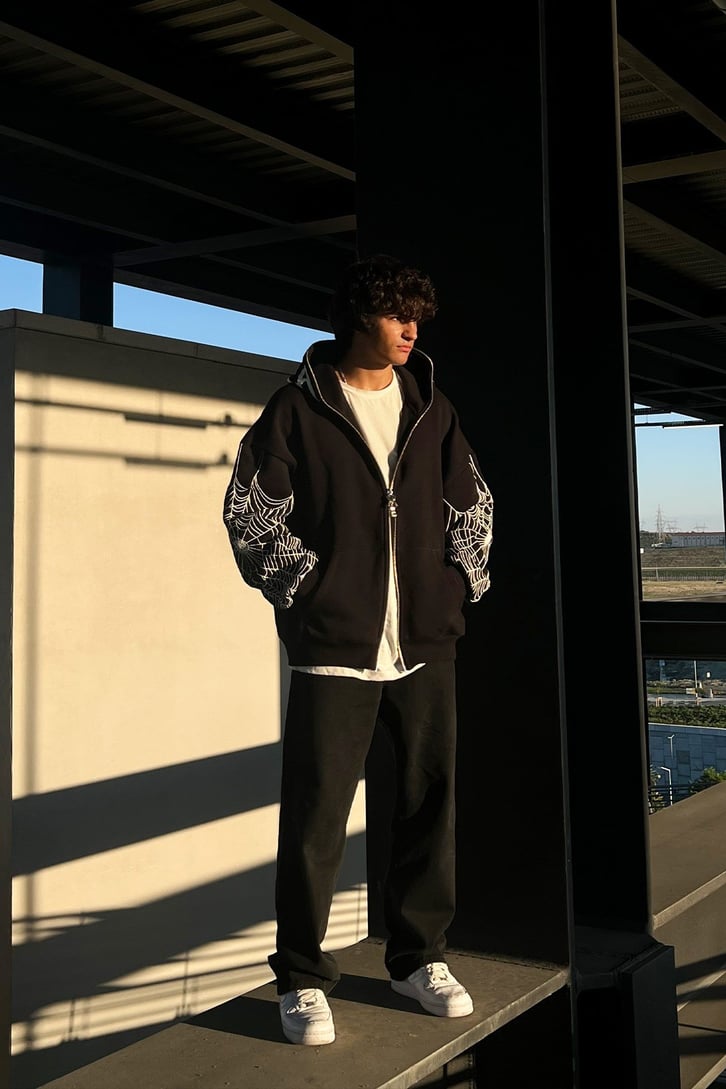 Rv Spider Web Full Zip Siyah Oversize Sweatshirt