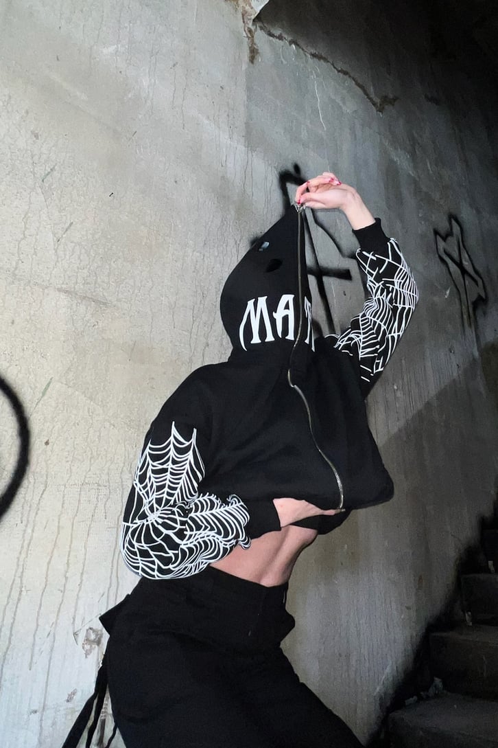 Rv Spider Web Full Zip Siyah Oversize Hoodie