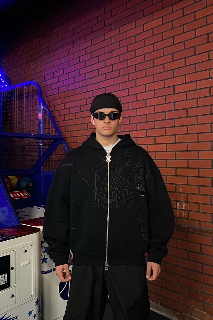 Rv Spider World Baskılı Siyah Zipper Hoodie
