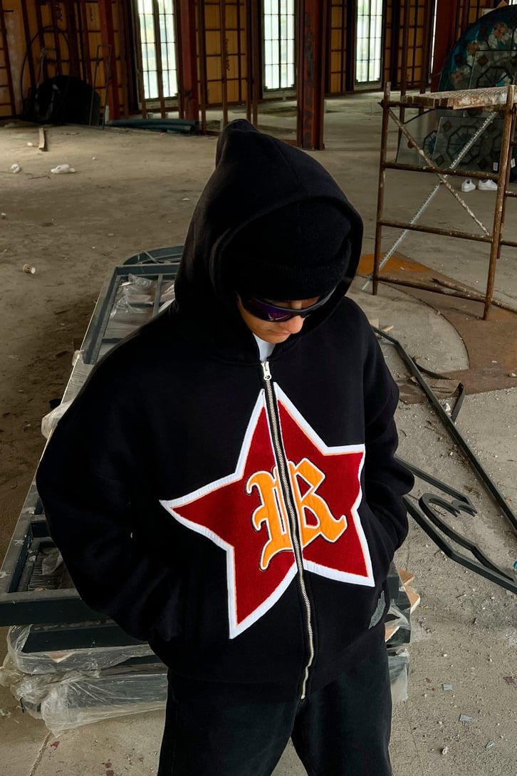 Rv Star Nakışlı Zip Siyah Oversize Sweatshirt