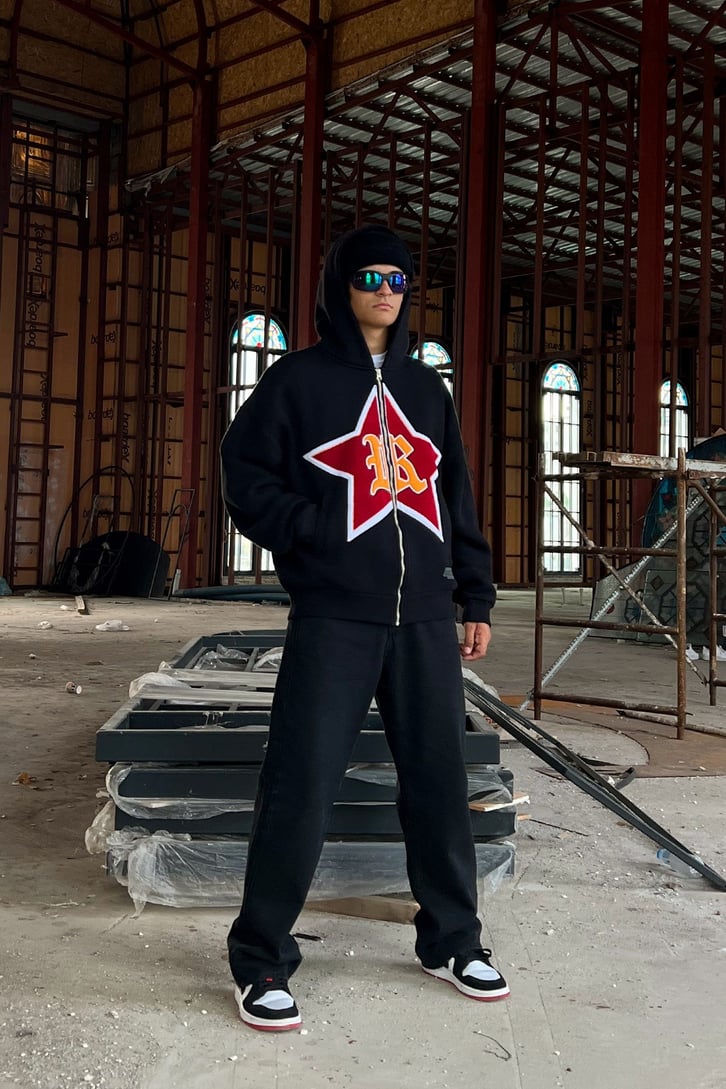 Rv Star Nakışlı Zip Siyah Oversize Sweatshirt