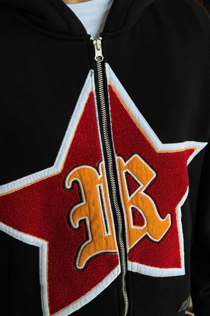 Rv Star Nakışlı Zip Siyah Oversize Sweatshirt