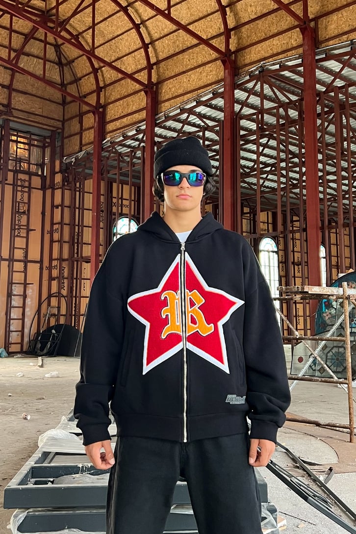 Rv Star Nakışlı Zip Siyah Oversize Sweatshirt