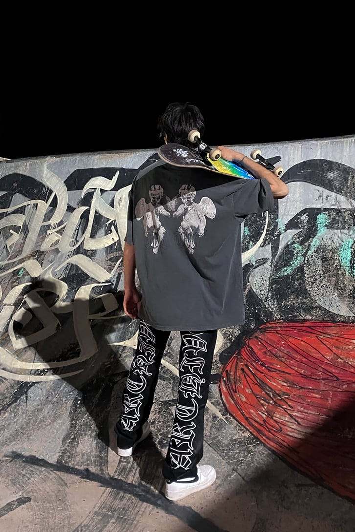 RV The Silent Angels Baskılı Antrasit Oversize Tshirt