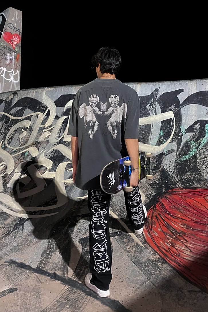 RV The Silent Angels Baskılı Antrasit Oversize Tshirt