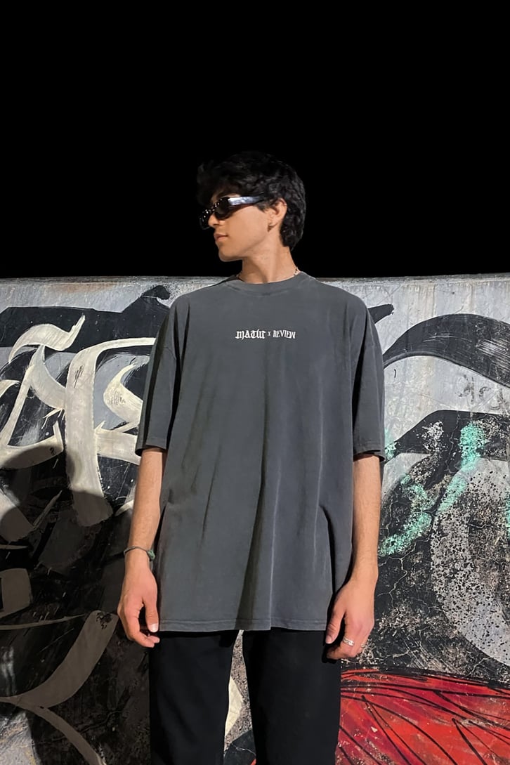 RV The Silent Angels Baskılı Antrasit Oversize Tshirt