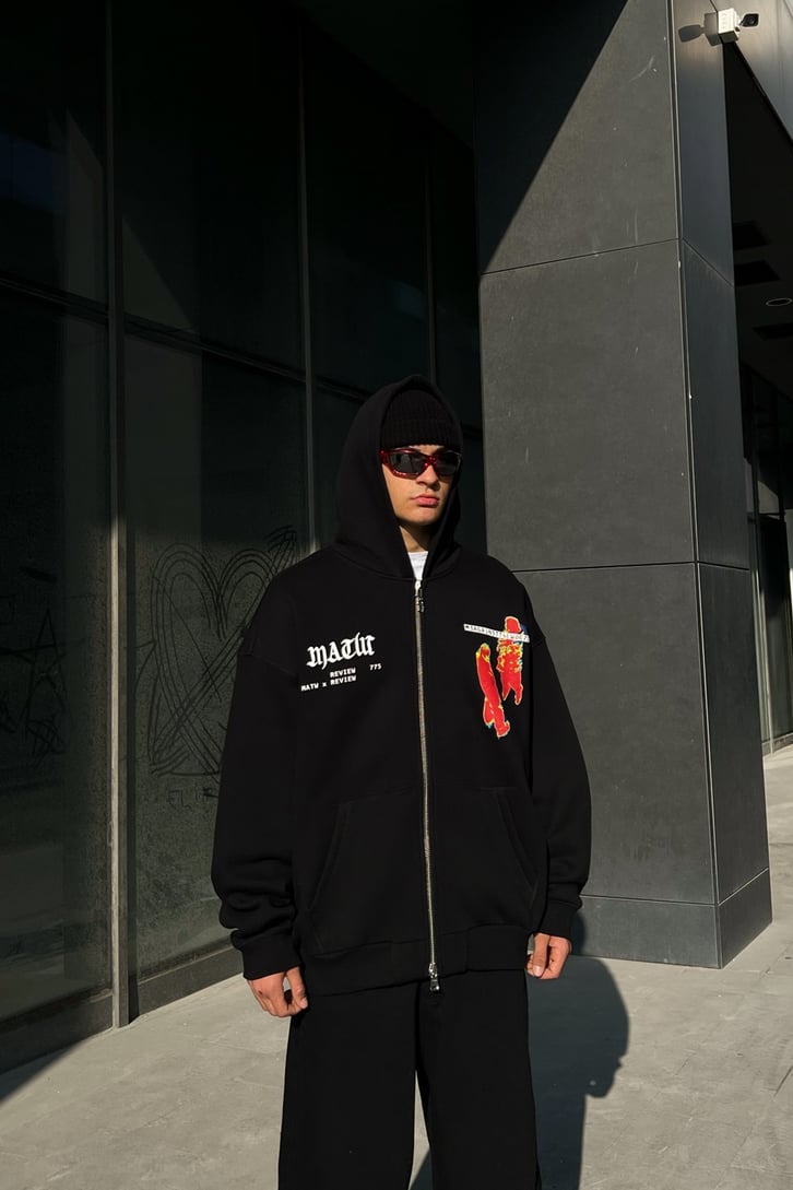Rv Thermal Human Zipper Siyah Oversize Hoodie