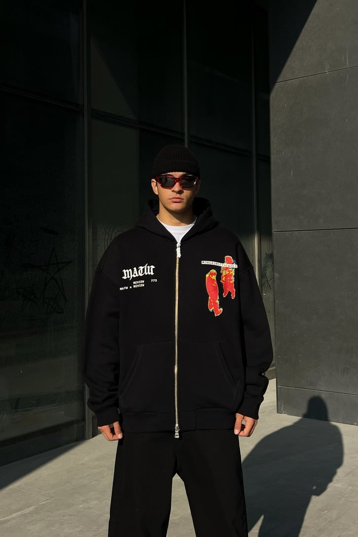Rv Thermal Human Zipper Siyah Oversize Hoodie